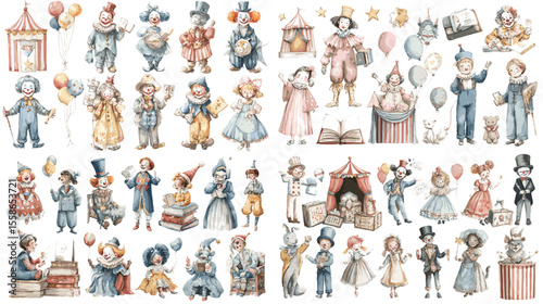 Charming watercolor circus characters, clowns, magicians, and kids in vintage costumes, ideal for party invitations and nursery prints.

