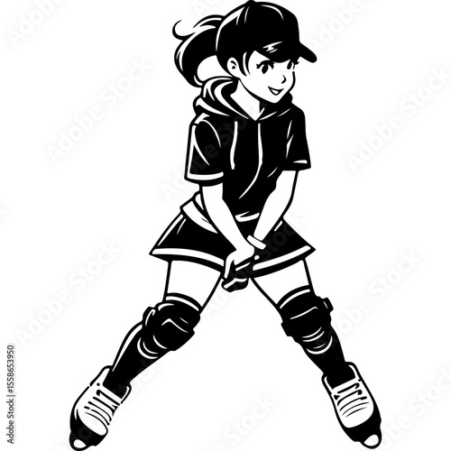 Sketchy sport emblem of extreme sportswoman, stands confidently on roller skates. Engraving minimalistic vector in black ink drawing on transparent background