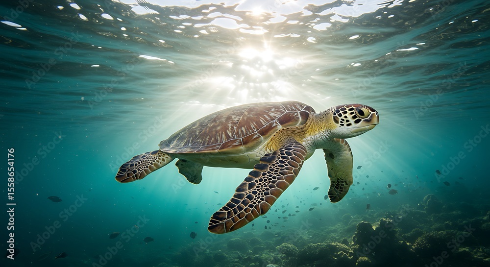 Fototapeta premium Sea turtle swimming gracefully underwater, illuminated by sunlight filtering through the surface.