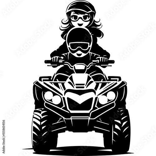 Sketchy sport emblem of Child and mother instructor riding a quad bike. Engraving minimalistic vector in black ink drawing on transparent background