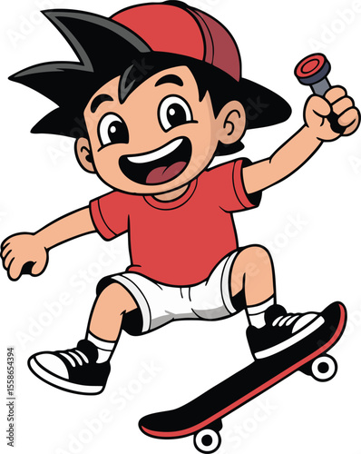 Happy cartoon boy character skating on skateboard in energetic and playful vector style