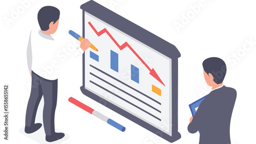 Man presenting a downward trend chart with bars and a falling arrow to another person standing