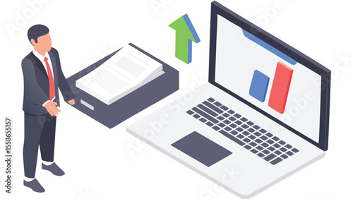 Isometric view of a businessman next to a laptop with a chart and an arrow pointing upwards