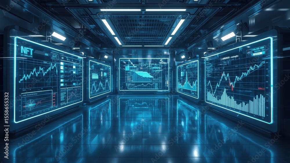 Fototapeta premium Futuristic interface. Futuristic digital NFT blue data graphs screens