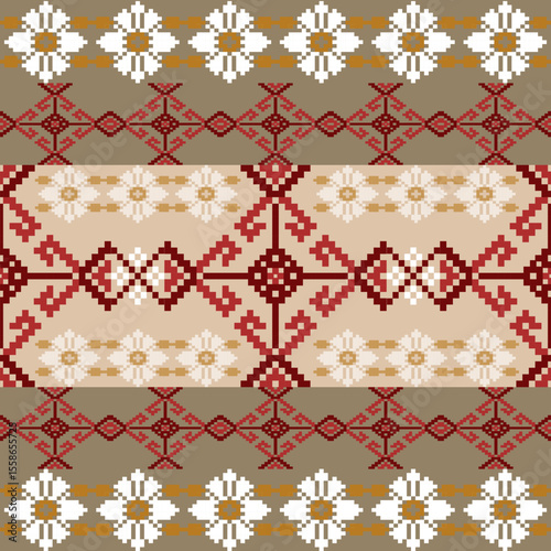 Pixel, Pastel Geometric Floral Tile Seamless Pattern for carpet, print, wrap, decorative, illustration, Fabric, Wallpaper, Ceramics. 

