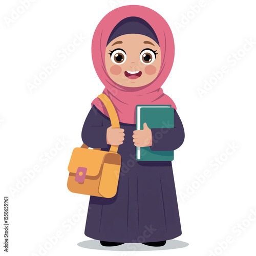 Illustration of muslim student girl with hijab going to school with books and bag