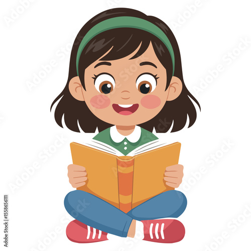 Illustration of a young girl reading a book for education and learning concept