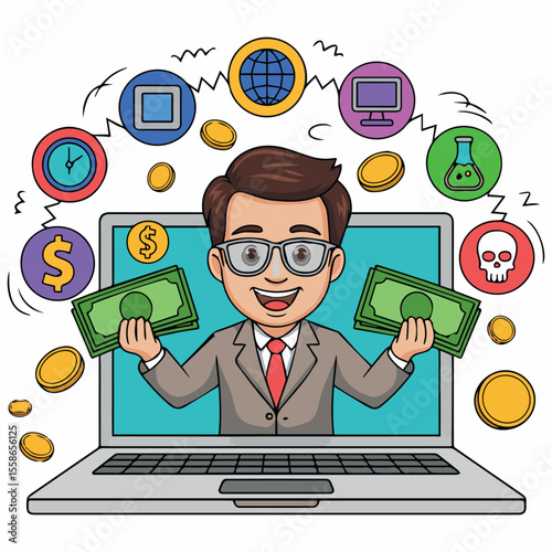 Online business success man earning money from home laptop with global network icons