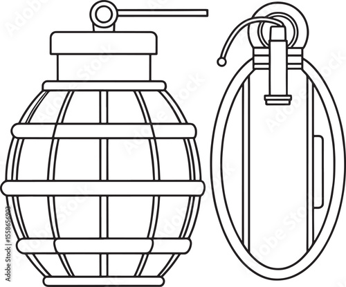 Outlined hand grenades in cartoon line style for coloring book pages