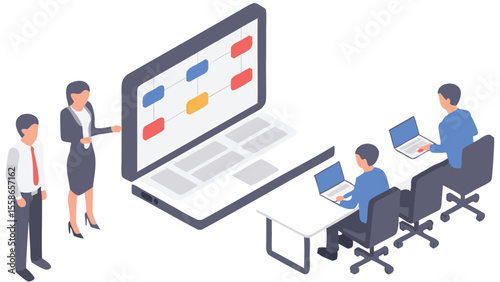 Isometric view of a business presentation with a large laptop and several attendees present for the meeting