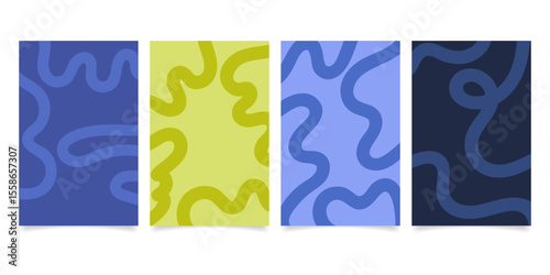 Set abstract playful minimal background with wavy line. Poster with organic curvy curly stripe.
