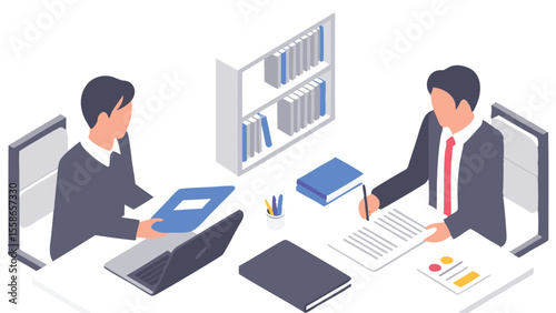 Two people in suits sitting at a desk with paperwork and a laptop in an office setting isometric view