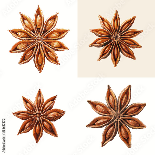 Realistic watercolor illustration of star anise spice with detailed petals, perfect for culinary, herbal, or botanical design themes.

