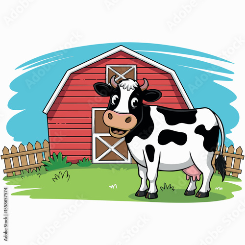 Cartoon cow illustration standing in a farm with barn and fence vector graphic