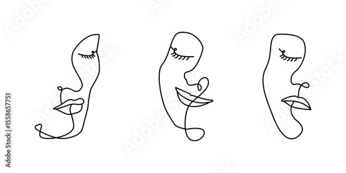 Single line hand drawn young woman portrait female beauty, minimalistic beautiful girl face. Dynamic continuous one line graphic vector design with liquid, fluid shapes. Faces collection, fashion set
