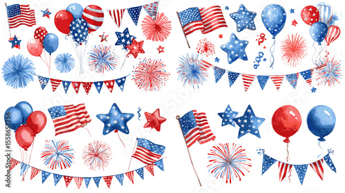 Watercolor illustration of 4th of July elements including flags, balloons, fireworks, and bunting, ideal for patriotic designs and national celebration content.

