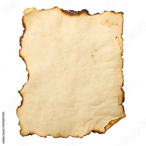 A single piece of old, aged paper with burnt and scorched edges isolated on a transparent background png