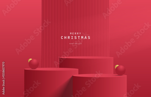 Abstract realistic 3D red cylinder podium, decorated with christmas ball and vertical shape backdrop. Minimal wall scene for product presentation. Promotion stage on christmas and happy new year.