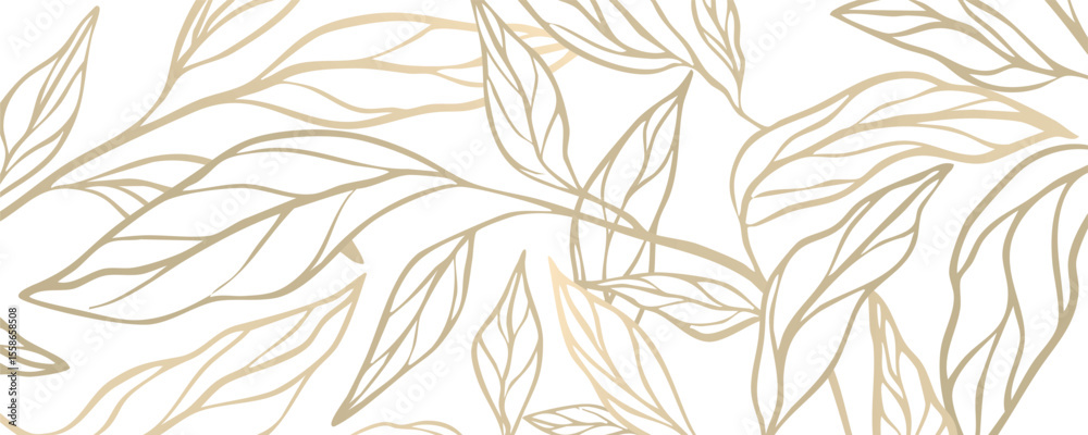 Elegant pattern with golden linear branches and leaves on white background