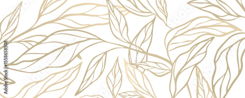 Elegant pattern with golden linear branches and leaves on white background