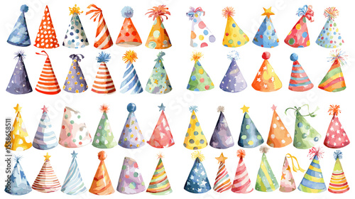 Watercolor illustration of colorful and patterned birthday party hats, ideal for celebrations, greeting cards, and festive party decor.

