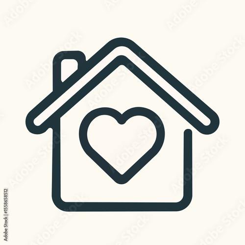 A simple outline of a house with a heart shape inside symbolizing home and love or a sense of belonging