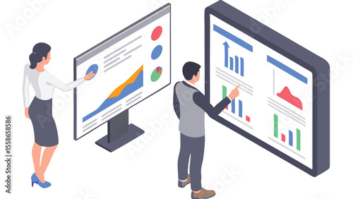 Isometric illustration of business professionals analyzing data on large screens with charts and graphs