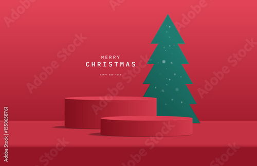 Abstract realistic 3D red cylinder podium and green christmas tree backdrop. Minimal scene for product presentation. Promotion stage on christmas and happy new year. 3d vector Stage for showcase.