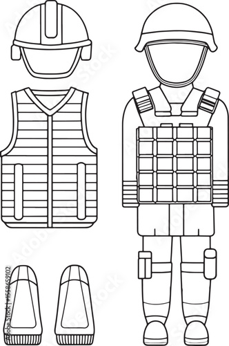 Military body armor outline featuring helmet vest and combat boots