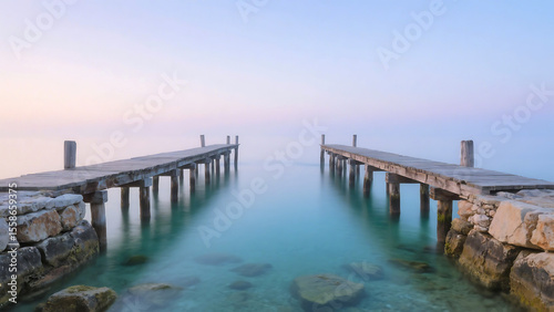Wallpaper Mural Two wooden piers extending into calm turquoise water at dawn with pastel sky Torontodigital.ca