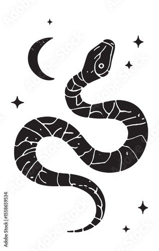 Celestial Mystical Lynocut Snake Vector Silhouette Illustration. Black and white hand drawn mystic snake. Esoteric design element. 