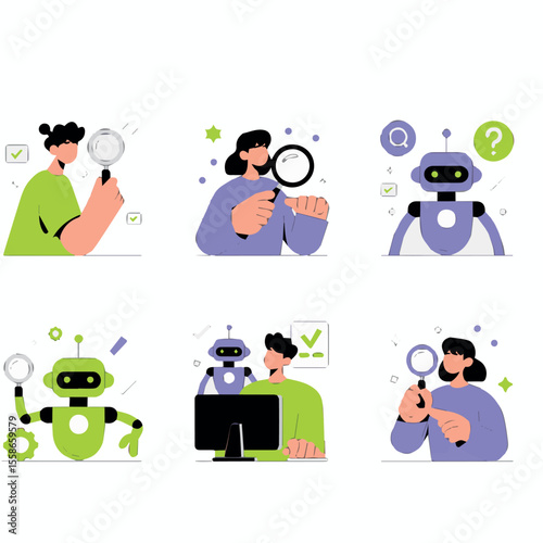 Ai powered search and analysis concept with people and robots using magnifying glass