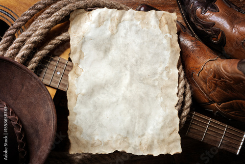 Cowboy boots and hat poster sign background with copy space for country music festival, line dancing or wanted advert