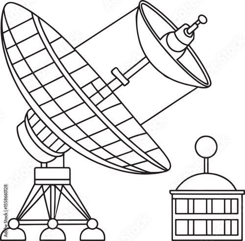 Military satcom equipment illustration with antenna in black outline