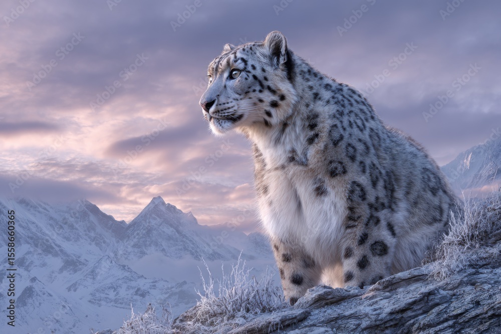 Fototapeta premium Snow leopard rests on rocky outcrop overlooking mountain range at dawn with dramatic sky colors and soft winter lighting