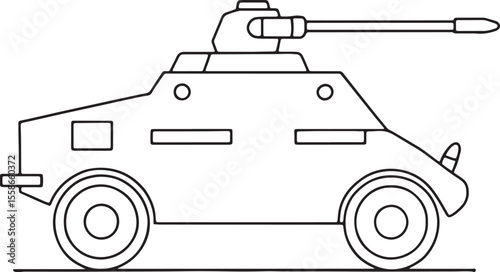 Armored vehicle side profile drawing in black and white line art