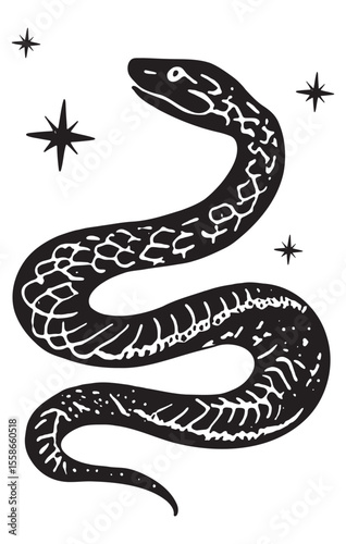 Celestial Mystical Lynocut Snake Vector Silhouette Illustration. Black and white hand drawn mystic snake. Esoteric design element. 