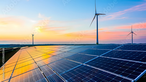 Sustainable Future: Solar Panels & Wind Turbines Harness Renewable Energy at Sunset