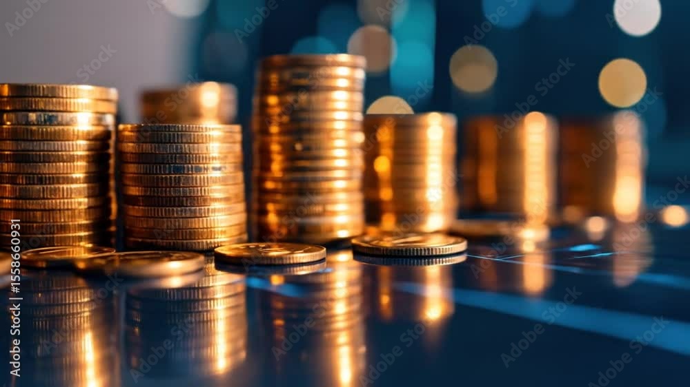 Stacks of shiny golden coins with reflections on a modern blue background video