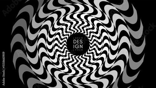Pattern with optical illusion. Black and white design. Abstract striped background. Illustration for cover, card, postcard, interior design, banner, poster, brochure or presentation.