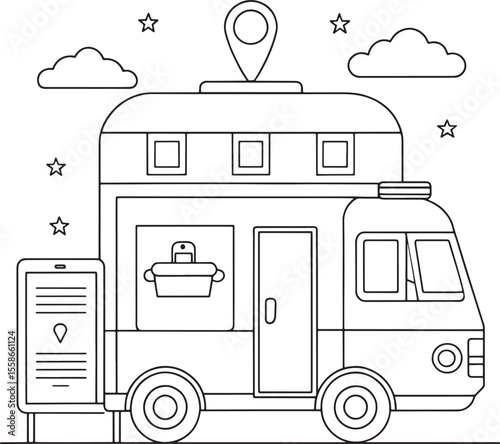 Outlined drawing of a military mobile command center vehicle