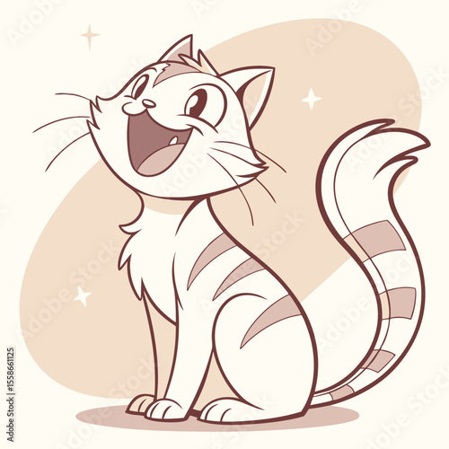 Happy cartoon cat smiling on beige background