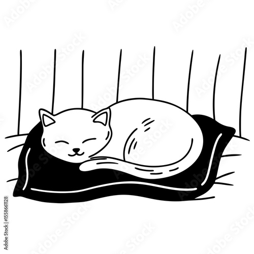 Sleeping cartoon cat on pillow in cozy interior
