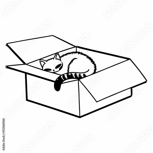 Cartoon cat sleeping inside cardboard box