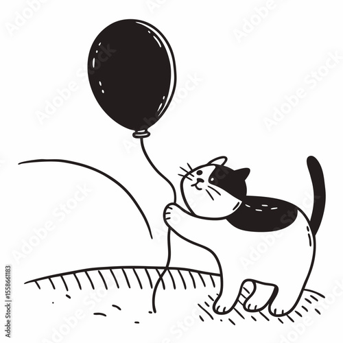 Cartoon cat holding balloon in simple landscape