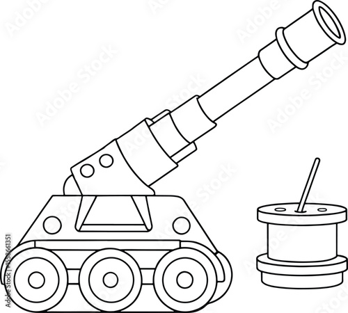 Cartoon cannon or mortar outlined drawing in simple sketch style