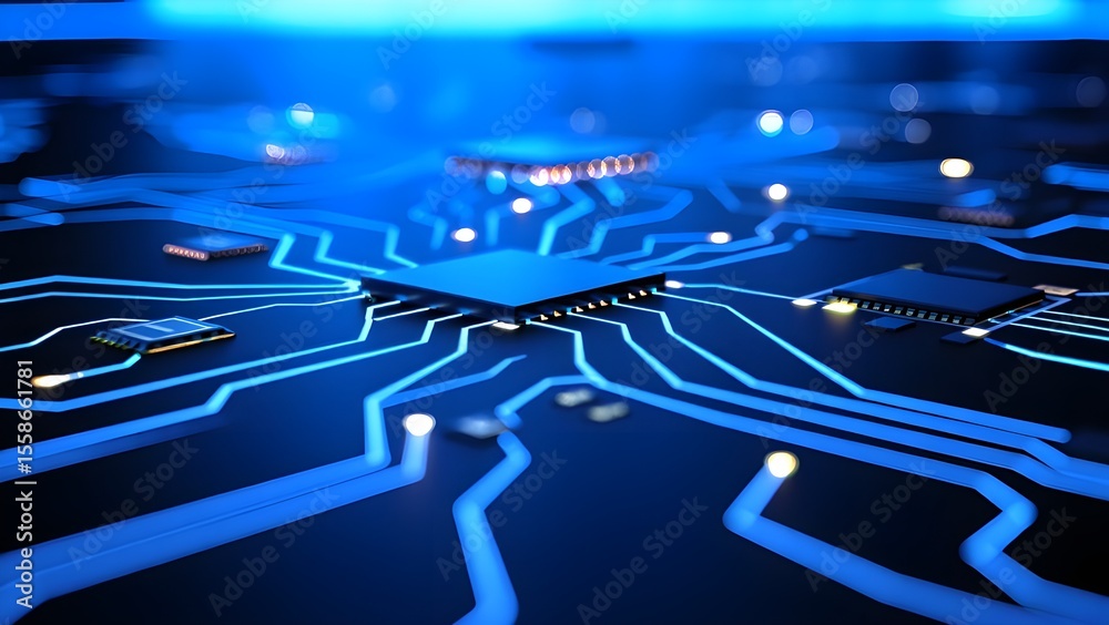 Fototapeta premium Futuristic glowing blue circuit board with microchips and data pathways