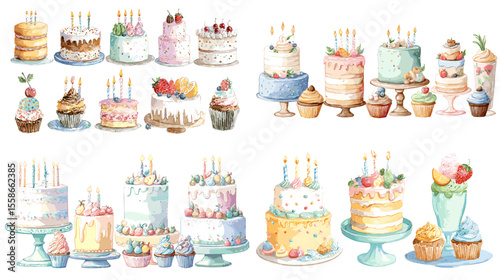 Delicious watercolor birthday cake and cupcake illustrations with candles and frosting, perfect for party invitations, menus, and festive designs.

