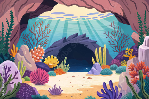 underwater cave featuring glowing algae and dramatic rock formations cartoon vector perfect for fantasy, marine biology, or mysterious deep-sea themed design projects
