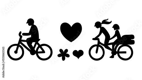 Black silhouettes of cyclists, a large heart, a flower, and a small heart creating a love themed image